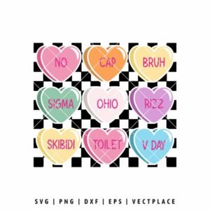 Skibidi Valentine candy heart SVG with colorful conversation hearts and black and white checkered background for Valentine’s Day Cricut crafts