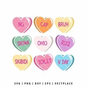 Skibidi Valentine conversation hearts SVG with pastel candy hearts and funny Gen Z phrases for Cricut and Valentine crafts
