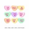 Valentines conversation hearts SVG with pastel candy heart designs and sweet love phrases, perfect for Cricut and Valentine’s Day crafts