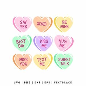 Valentines conversation hearts SVG with pastel candy heart designs and sweet love phrases, perfect for Cricut and Valentine’s Day crafts