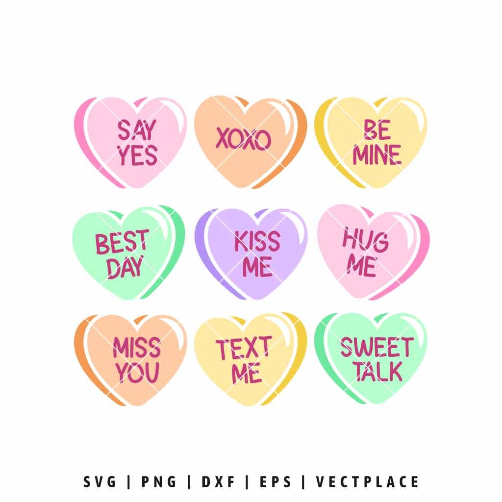 Valentines conversation hearts SVG with pastel candy heart designs and sweet love phrases, perfect for Cricut and Valentine’s Day crafts