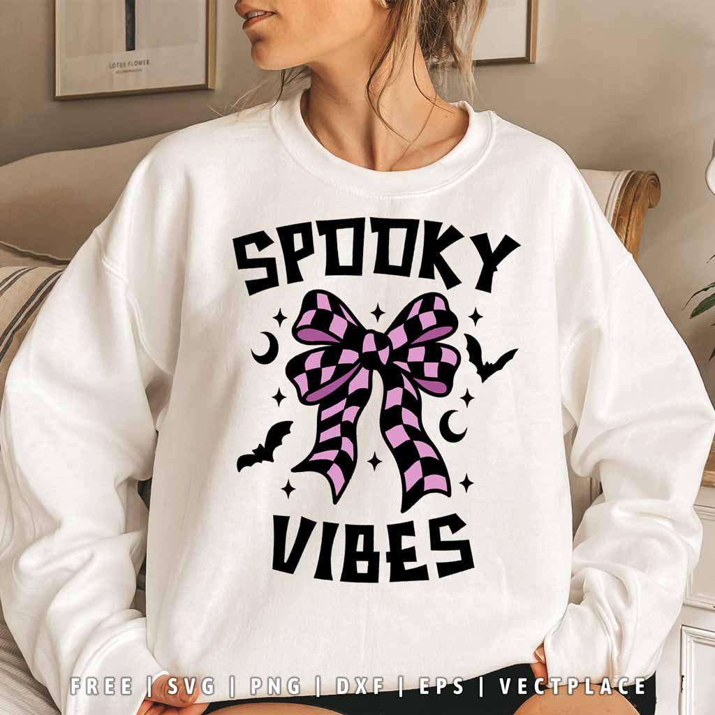 Spooky Vibes SVG Coquette Bow Halloween T-Shirt Design - Image 2