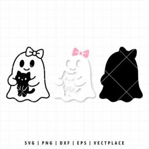 Alternative view of Cute Ghost Girl With Black Cat SVG | Halloween SVG