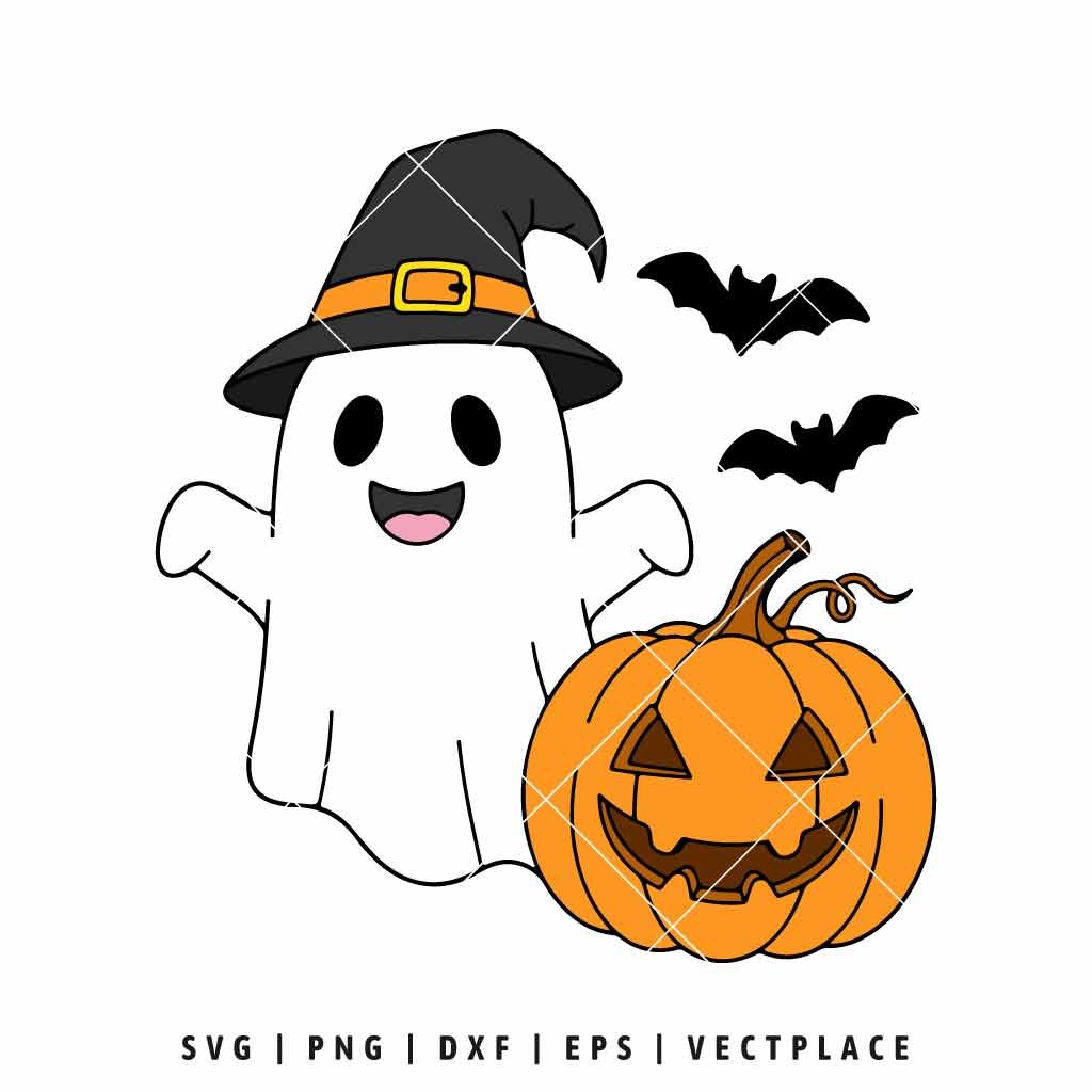 Halloween Ghost SVG with Pumpkin and Witch Hat