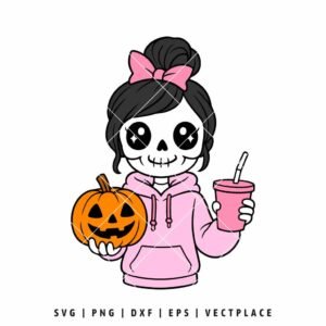 Cute Skeleton Girl with Pumpkin and Drink SVG