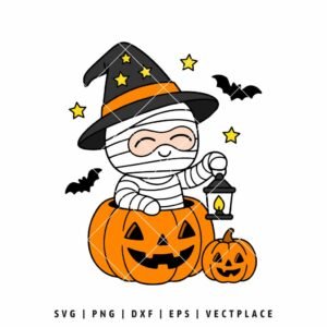 Cute Halloween Mummy SVG with Pumpkin and Witch Hat