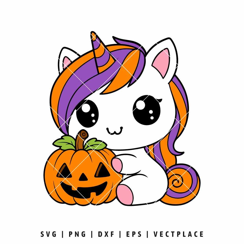 Cute Halloween Unicorn with Pumpkin SVG