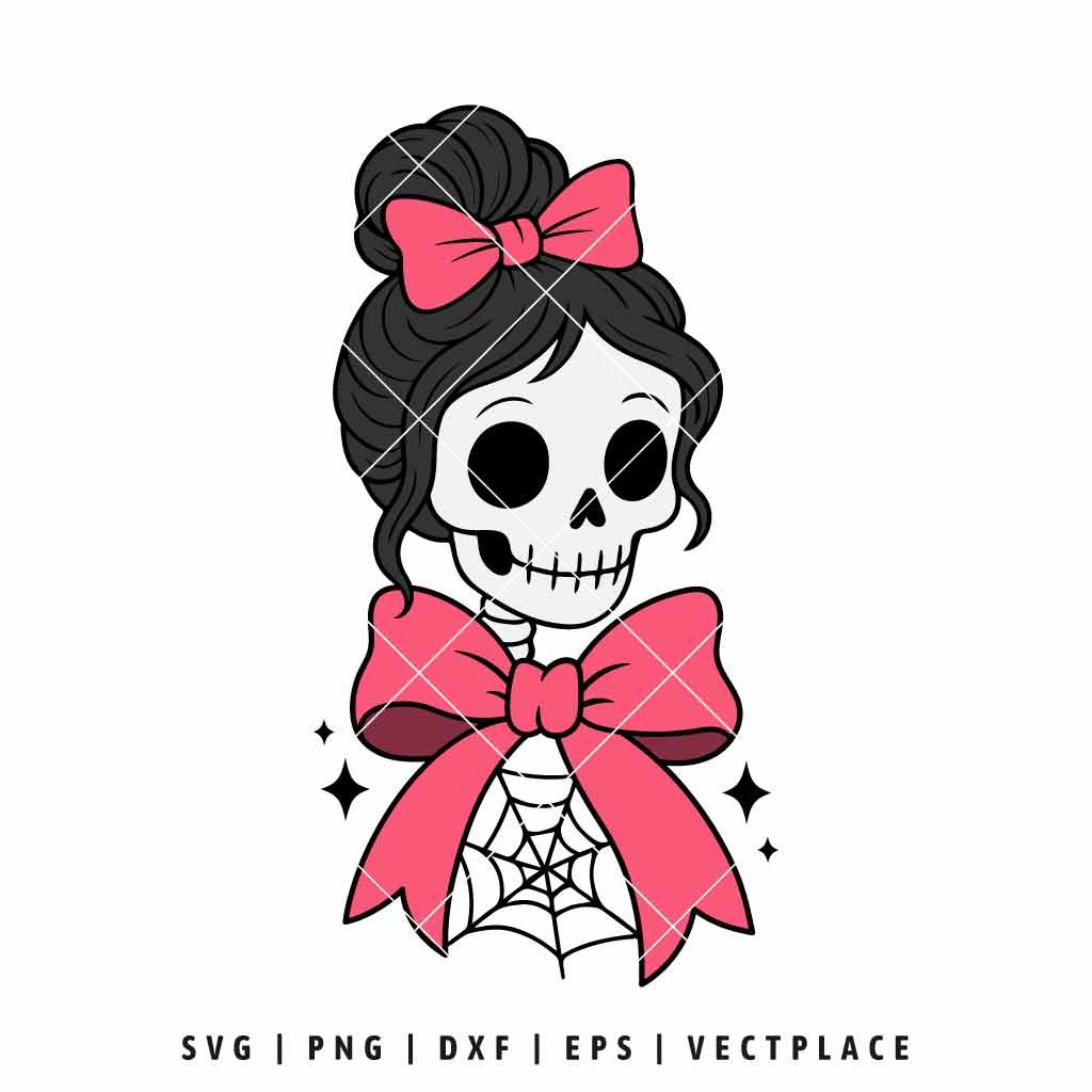 Skeleton Girl Pink Bows and Messy Bun SVG