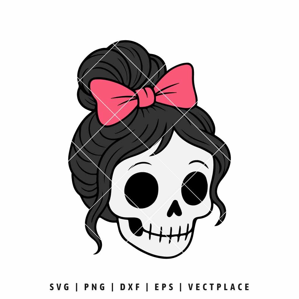 Skeleton Girl Pink Bow and Messy Bun SVG