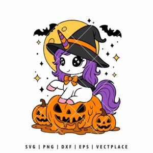 Halloween Unicorn SVG with Witch Hat on Melting Pumpkin
