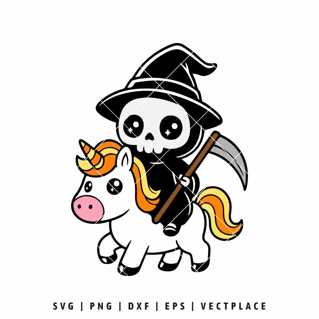 Halloween Grim Reaper Unicorn with Witch Hat SVG
