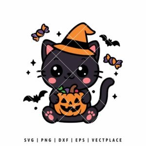 Cute Halloween Black Cat SVG PNG with Witch Hat and Pumpkin