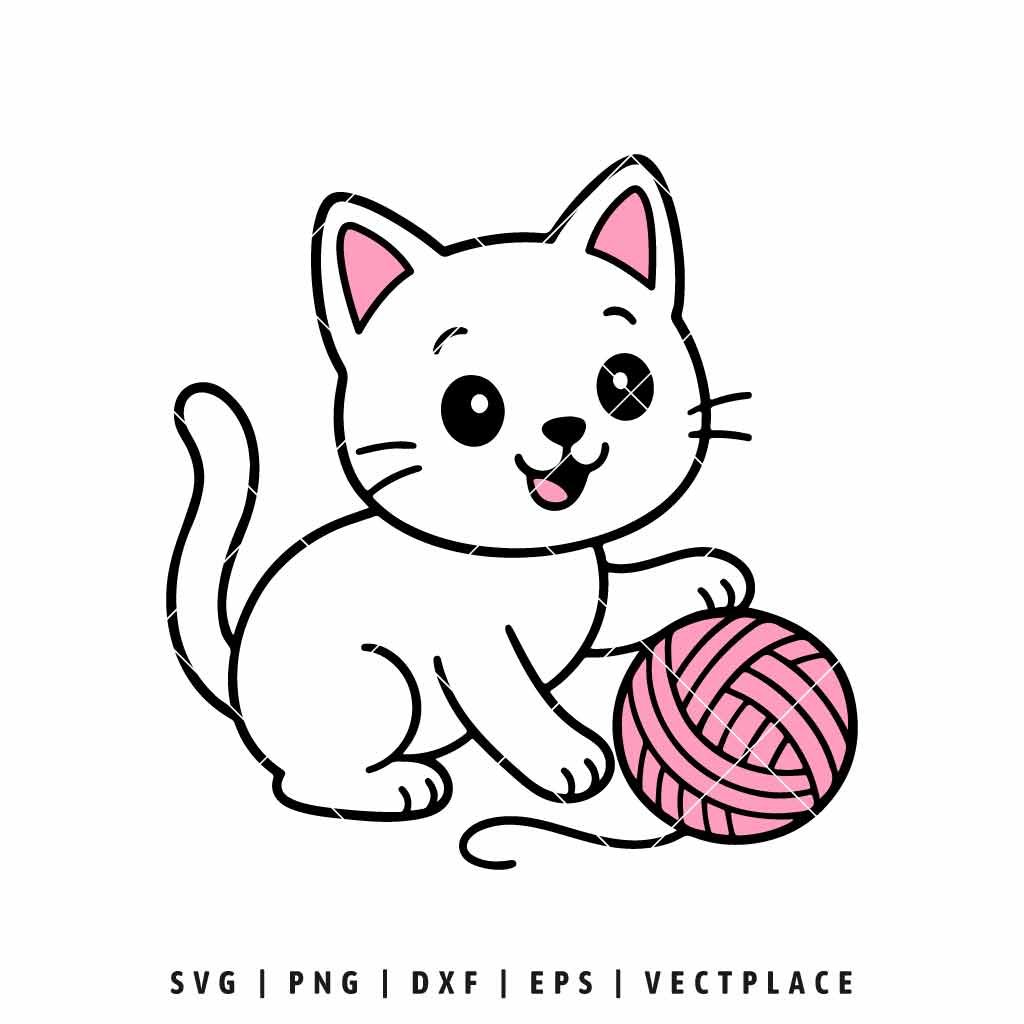 Cute Cat with Yarn Ball SVG PNG | Cut File for Cricut & Silhouette