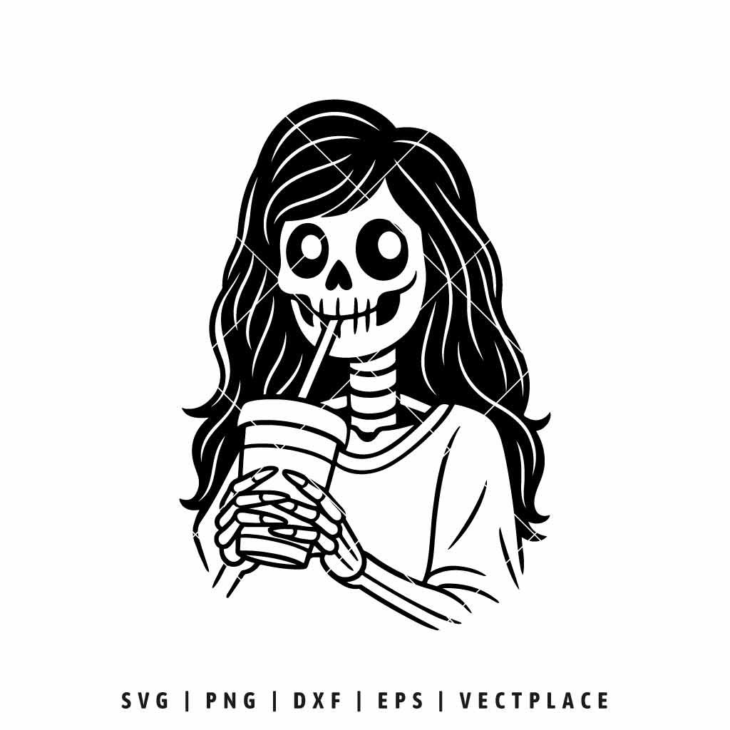 Skeleton Girl Drinking Coffee SVG Halloween T-Shirt Design