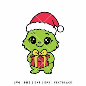 Cute Baby Grinch Holding a Christmas Gift Box SVG PNG | Christmas Cut File for Cricut & Silhouette