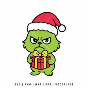 Baby Grinch Holding a Christmas Gift Box SVG PNG | Christmas Cut File for Cricut & Silhouette