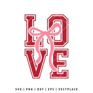 LOVE SVG design with bold letters and pink ribbon bow for Valentine’s Day
