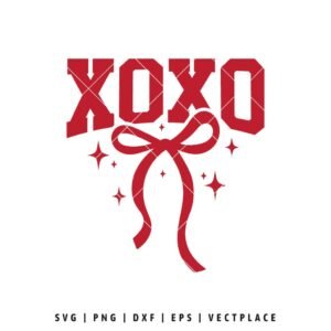 XOXO SVG design with bold letters, ribbon bow, and sparkle accents for Valentine’s Day
