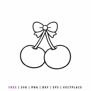Cherry bow SVG outline featuring two cherries tied with a bow, line art cut file for Cricut and Silhouette