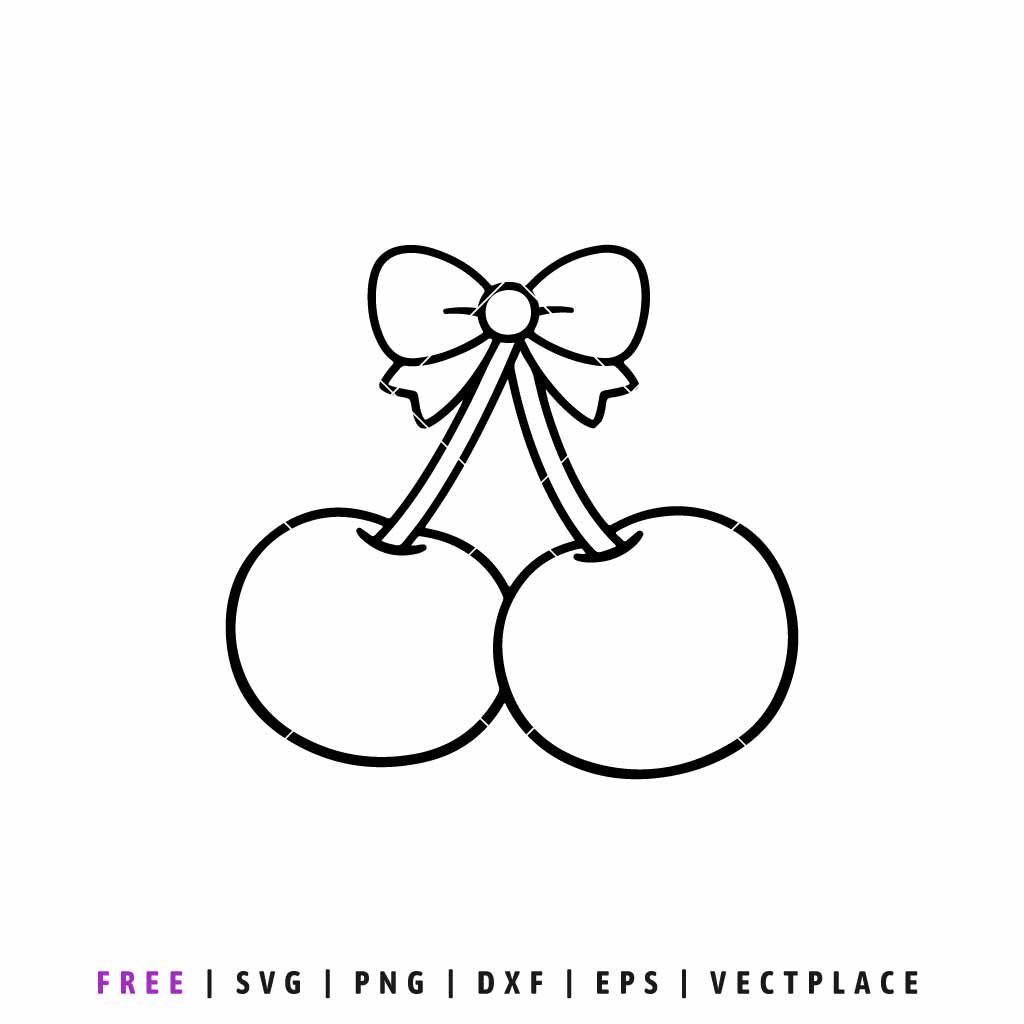Cherry bow SVG outline featuring two cherries tied with a bow, line art cut file for Cricut and Silhouette