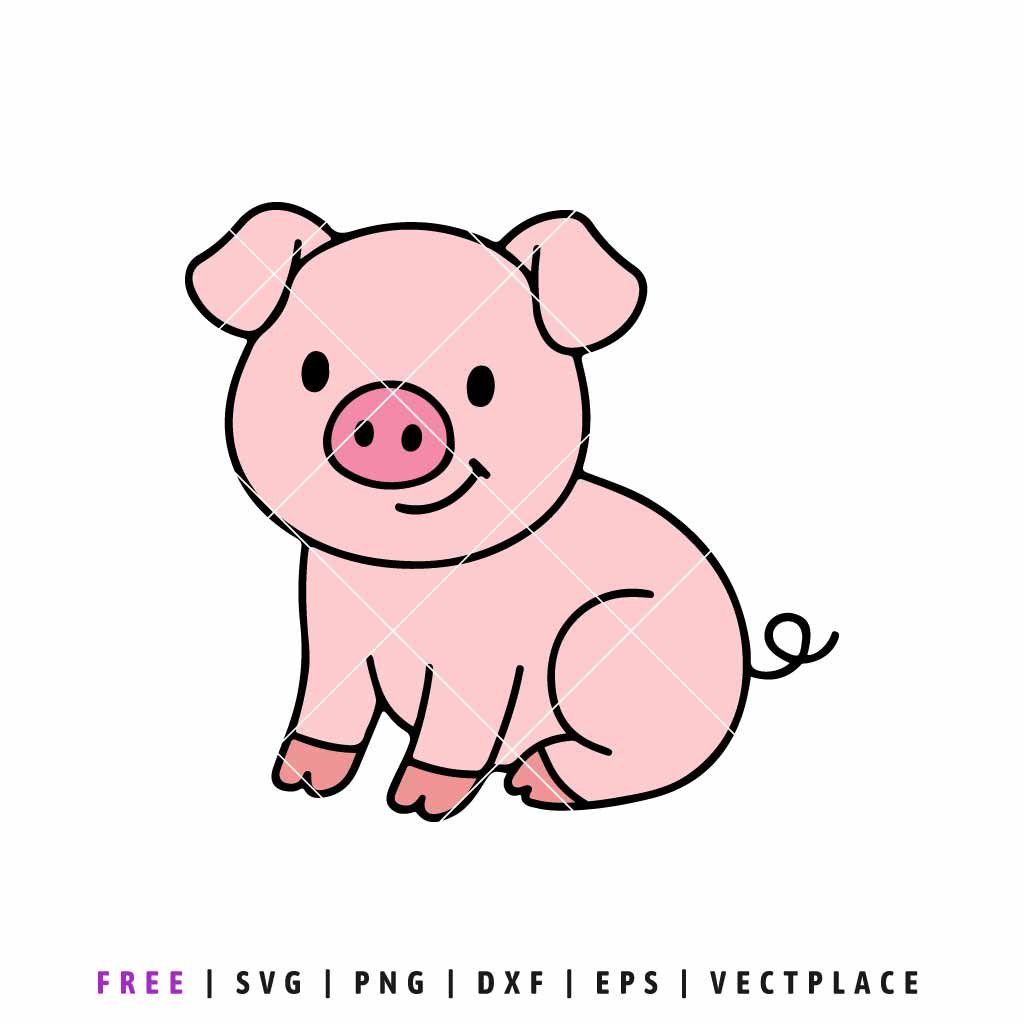 Cute pink sitting pig SVG illustration with a curly tail and smiling face, minimalist full-body farm animal line art for digital crafting and DIY stickers.