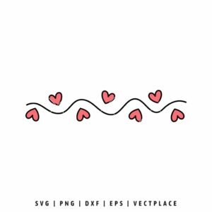 Hand-drawn wavy black line border with small pink hearts scattered along the curve, minimalist doodle heart garland SVG cut file, isolated on white background.