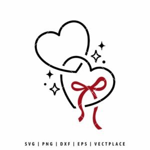 Line art of two intertwined black heart outlines, one decorated with a red ribbon bow and surrounded by minimalist sparkles, digital SVG cut file for romantic crafts.