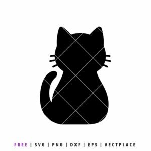 Solid black silhouette of a sitting cat with visible whiskers and a curved tail, cute kitten vector icon for digital crafting and SVG cutting.