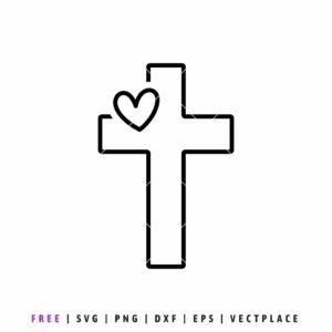 Minimalist black outline of a Christian cross with a small heart integrated into the top corner, simple religious line art vector for SVG cutting and digital design.