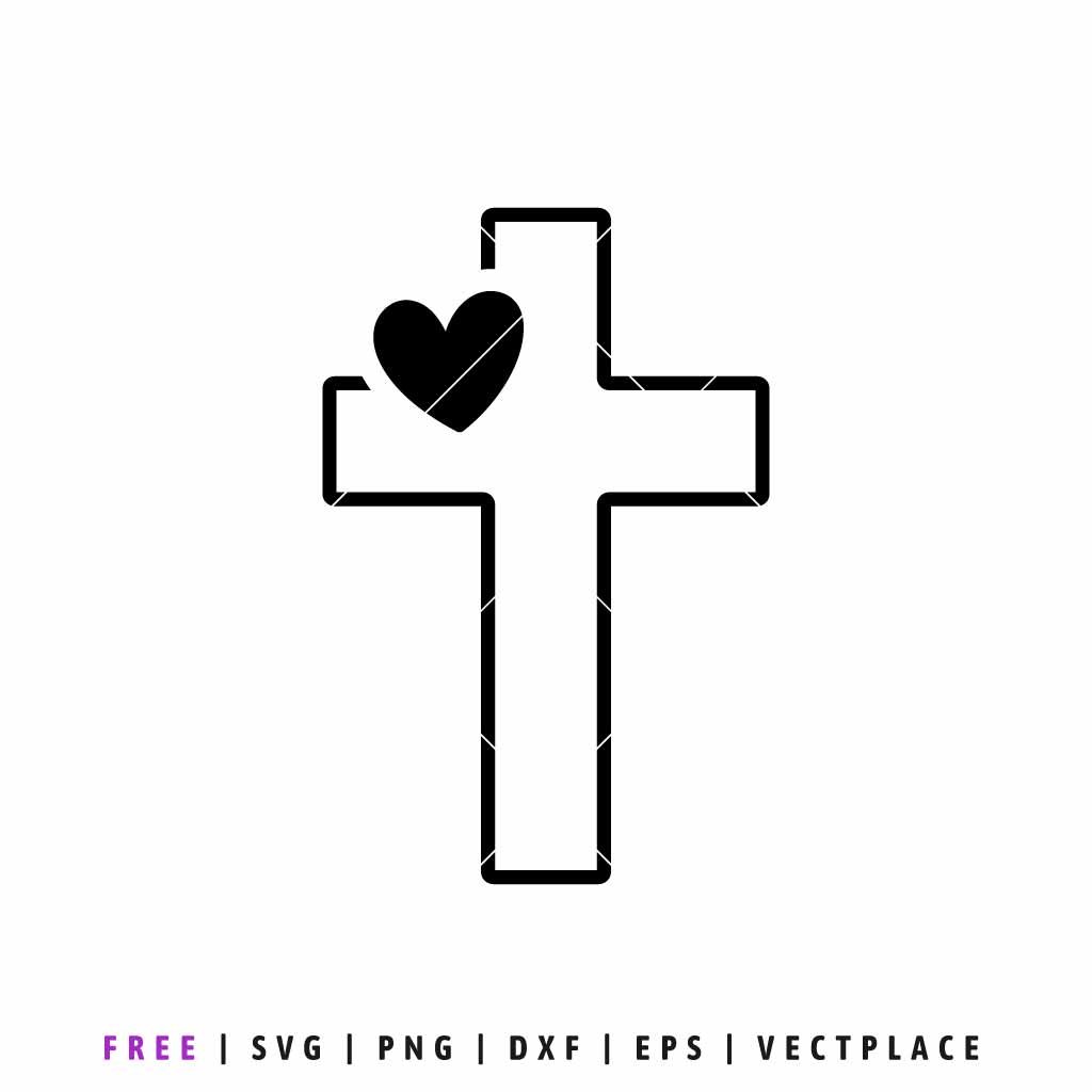 Minimalist black outline of a Christian cross with a solid black heart integrated into the top corner, inspirational religious vector icon for SVG cutting and digital design.
