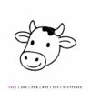Black and white cow head outline SVG, minimalist farm animal line art with horns and spots, simple dairy cow drawing for digital crafting and vinyl cutting.