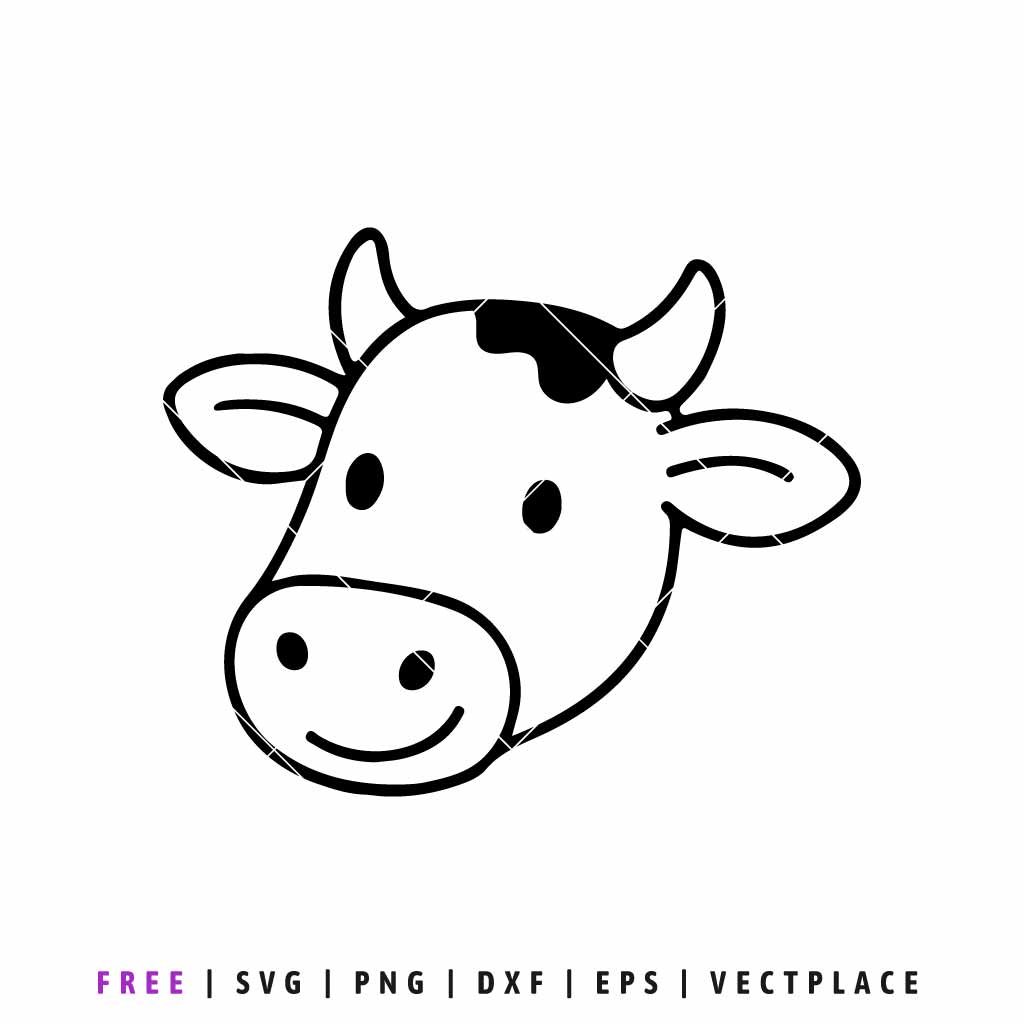 Black and white cow head outline SVG, minimalist farm animal line art with horns and spots, simple dairy cow drawing for digital crafting and vinyl cutting.