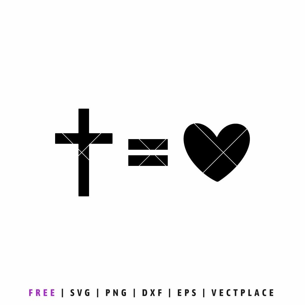 Minimalist black silhouettes of a Christian cross followed by an equal sign and a heart, representing the message 'Cross Equals Love', for SVG cutting and digital design.