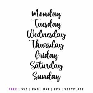 Free days of the week SVG featuring hand lettered weekday words cut file for cricut and silhouette planners