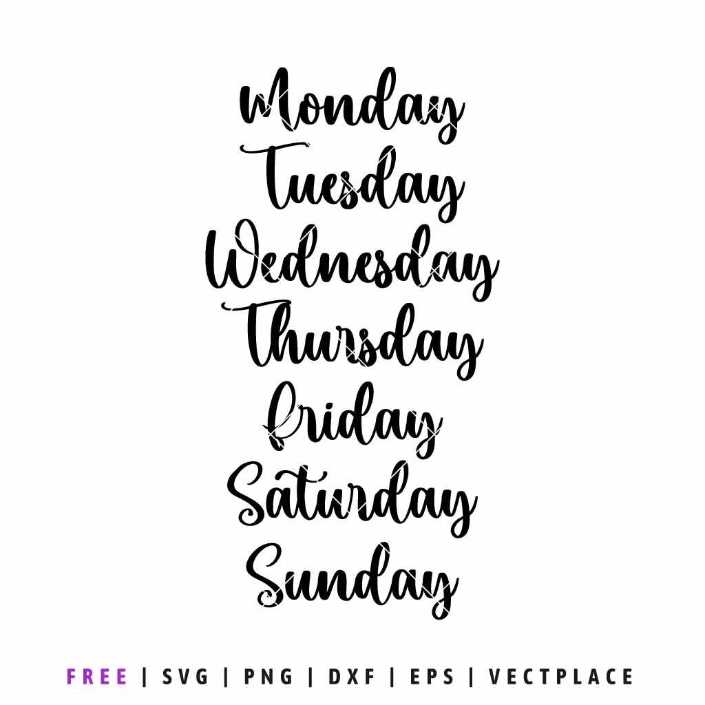 Free days of the week SVG featuring hand lettered weekday words cut file for cricut and silhouette planners