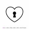 Minimalist black outline of a heart shape with a solid black keyhole silhouette in the center, romantic lock and key symbol for SVG cutting and digital design.