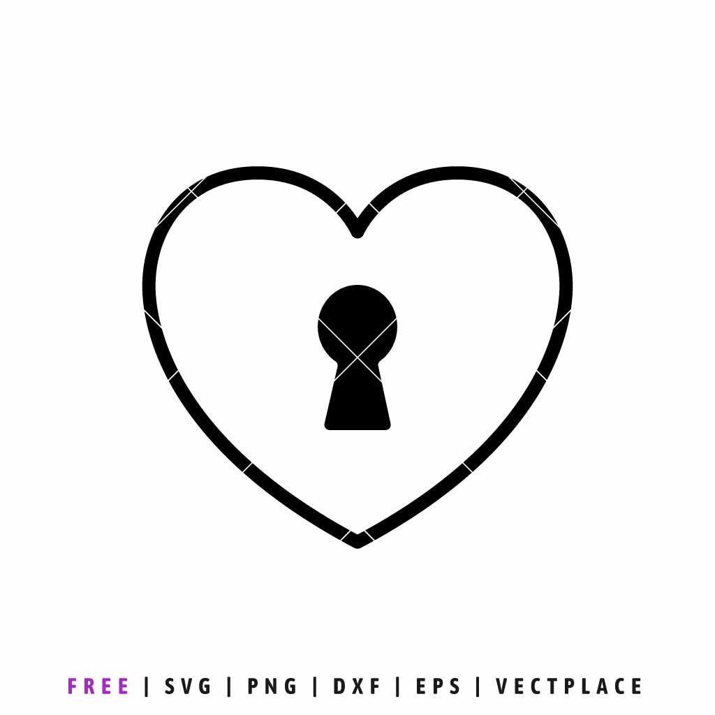 Minimalist black outline of a heart shape with a solid black keyhole silhouette in the center, romantic lock and key symbol for SVG cutting and digital design.