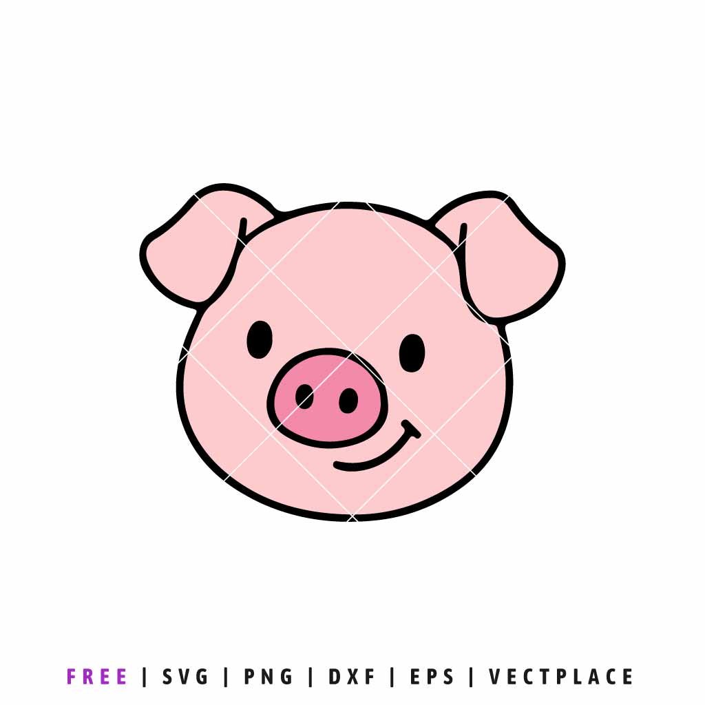 Cute pink pig face SVG illustration with large ears and a smiling snout, minimalist farm animal line art for digital crafting, laser cutting, and DIY projects.