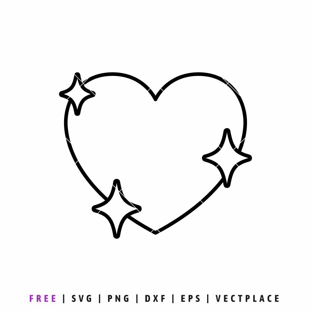 Black and white minimalist heart outline with three four-pointed sparkles on the edges, digital SVG cut file for vinyl and paper crafting.