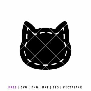 Black cat head silhouette with white dashed stitch lines, minimalist kitten face vector icon for digital crafting and SVG cutting.