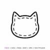 Minimalist black cat head silhouette and outline with white dashed stitching lines, cute kitten face vector graphic for digital crafting and SVG cutting.