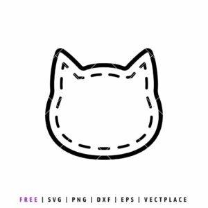 Minimalist black cat head silhouette and outline with white dashed stitching lines, cute kitten face vector graphic for digital crafting and SVG cutting.
