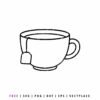 Black and white tea cup outline SVG, minimalist teacup line art with a tea bag detail, simple kitchen-themed vector for digital crafting and vinyl cutting.