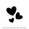 Three solid black heart silhouettes in different sizes scattered in a cluster, minimalist love symbol vector for SVG cutting and digital design.