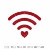 Free Red WiFi signal icon with a heart symbol at the base, digital SVG cut file for Valentine's Day crafts and tech-themed designs, isolated on white.