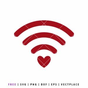 Free Red WiFi signal icon with a heart symbol at the base, digital SVG cut file for Valentine's Day crafts and tech-themed designs, isolated on white.
