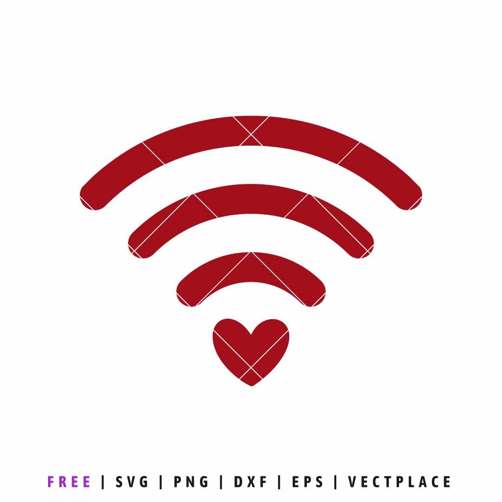 Free Red WiFi signal icon with a heart symbol at the base, digital SVG cut file for Valentine's Day crafts and tech-themed designs, isolated on white.