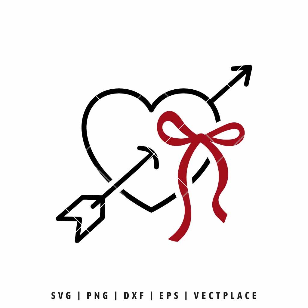 Minimalist black outline of a heart pierced by a black arrow, decorated with a flowing red ribbon bow, high-quality SVG cut file for Valentine's Day crafting projects.