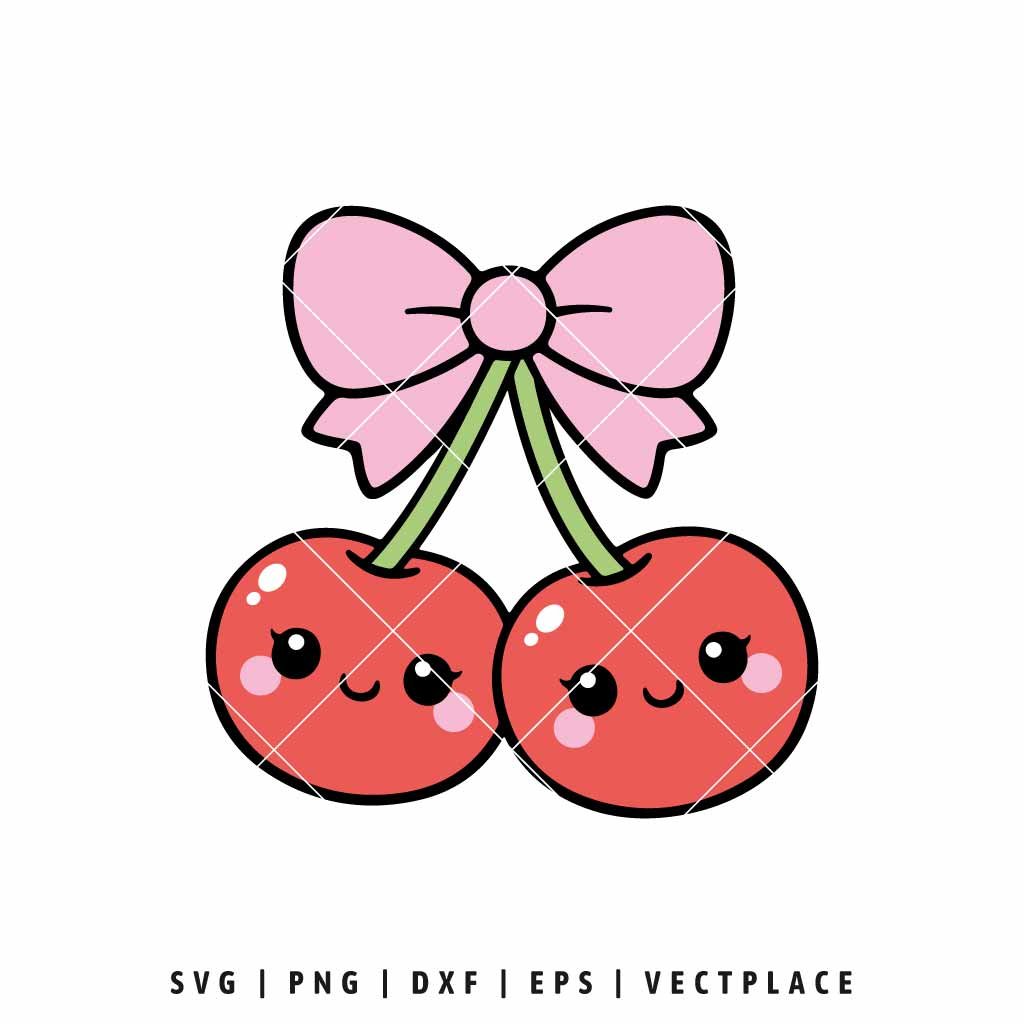 Digital illustration of two red kawaii cherries with cute smiling faces and pink cheeks, tied together with green stems and a large pink bow, SVG cut file for crafting.