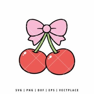 Minimalist digital illustration of two red cherries with glossy highlights, connected by green stems and a large pink bow, clean aesthetic SVG cut file for modern crafting.